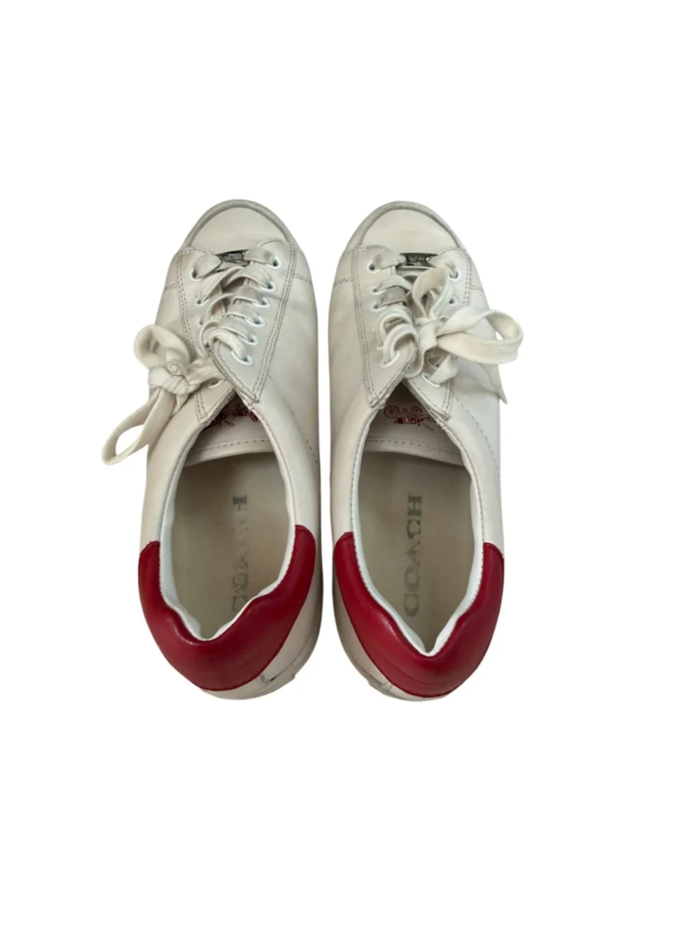 Coach FG1271 Women’s White Leather Low Top Sneakers Red Heel Size 8B